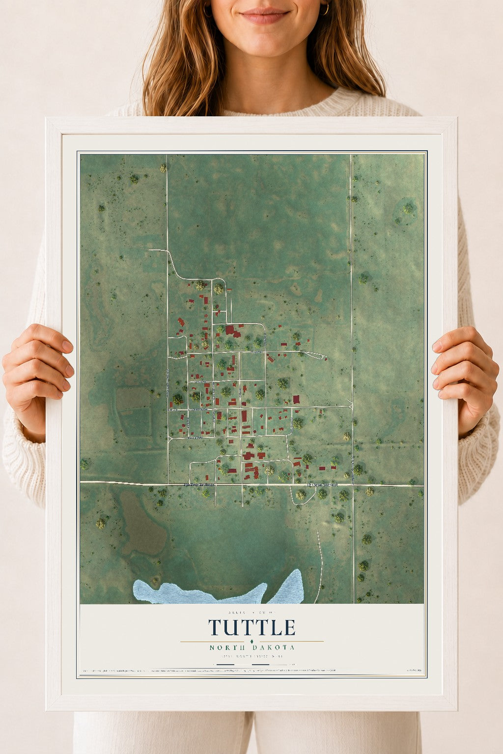 Map of Tuttle, North Dakota, 18 x 24 inch print in a white wood frame