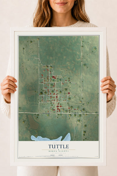 Map of Tuttle, North Dakota, 18 x 24 inch print in a white wood frame