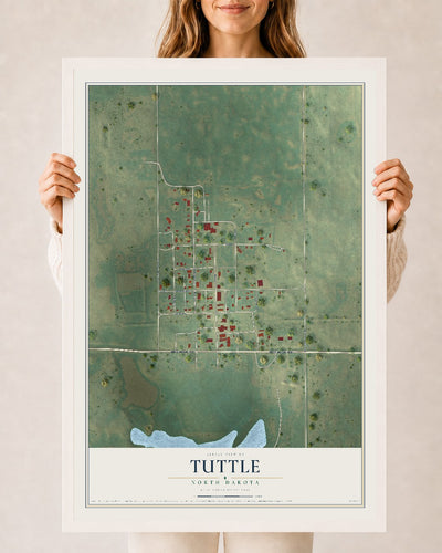 Map of Tuttle, North Dakota, 24 x 36 inch print in a white wood frame