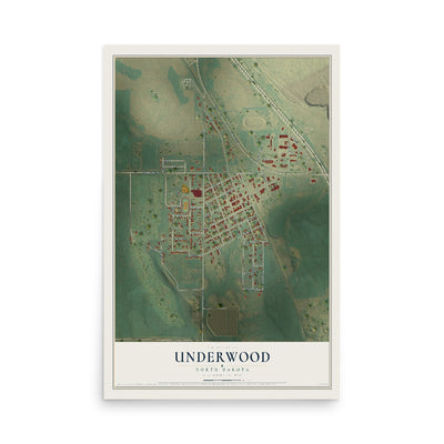 Map of Underwood, North Dakota, 12 x 18 inch unframed archival matte print