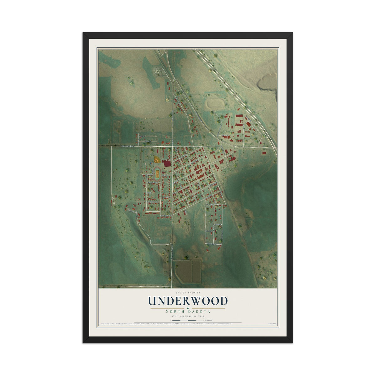 Map of Underwood, North Dakota, 12 x 18 inch print in a black wood frame