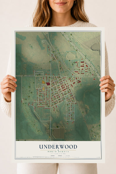 Map of Underwood, North Dakota, 18 x 24 inch unframed archival matte print