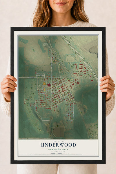 Map of Underwood, North Dakota, 18 x 24 inch print in a black wood frame