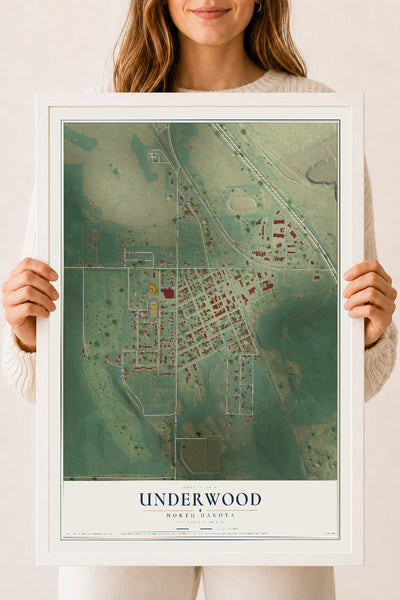 Map of Underwood, North Dakota, 18 x 24 inch print in a white wood frame