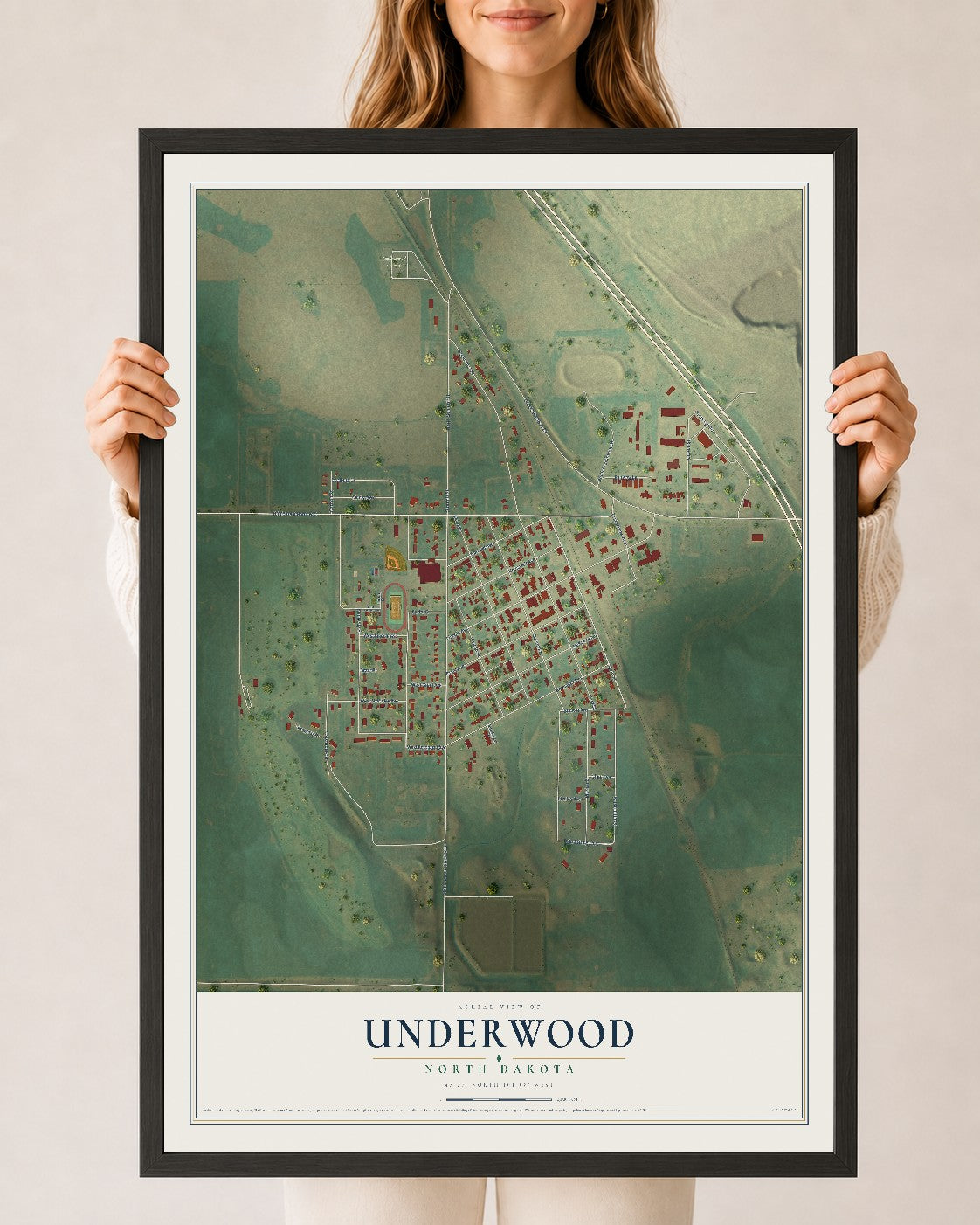 Map of Underwood, North Dakota, 24 x 36 inch print in a black wood frame
