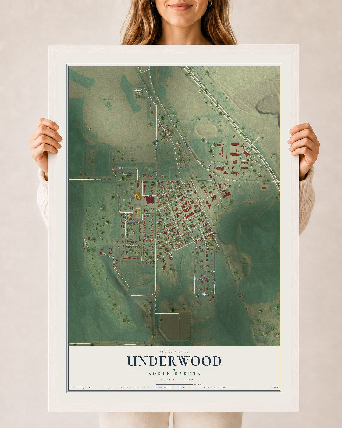 Map of Underwood, North Dakota, 24 x 36 inch print in a white wood frame