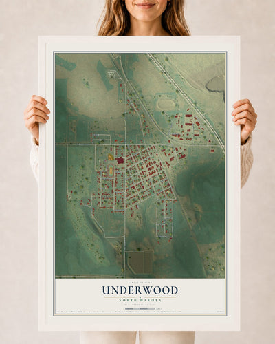 Map of Underwood, North Dakota, 24 x 36 inch print in a white wood frame