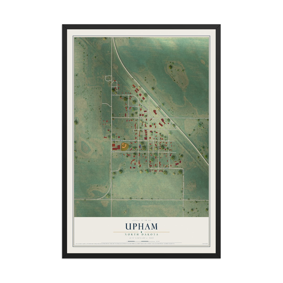Map of Upham, North Dakota, 12 x 18 inch print in a black wood frame