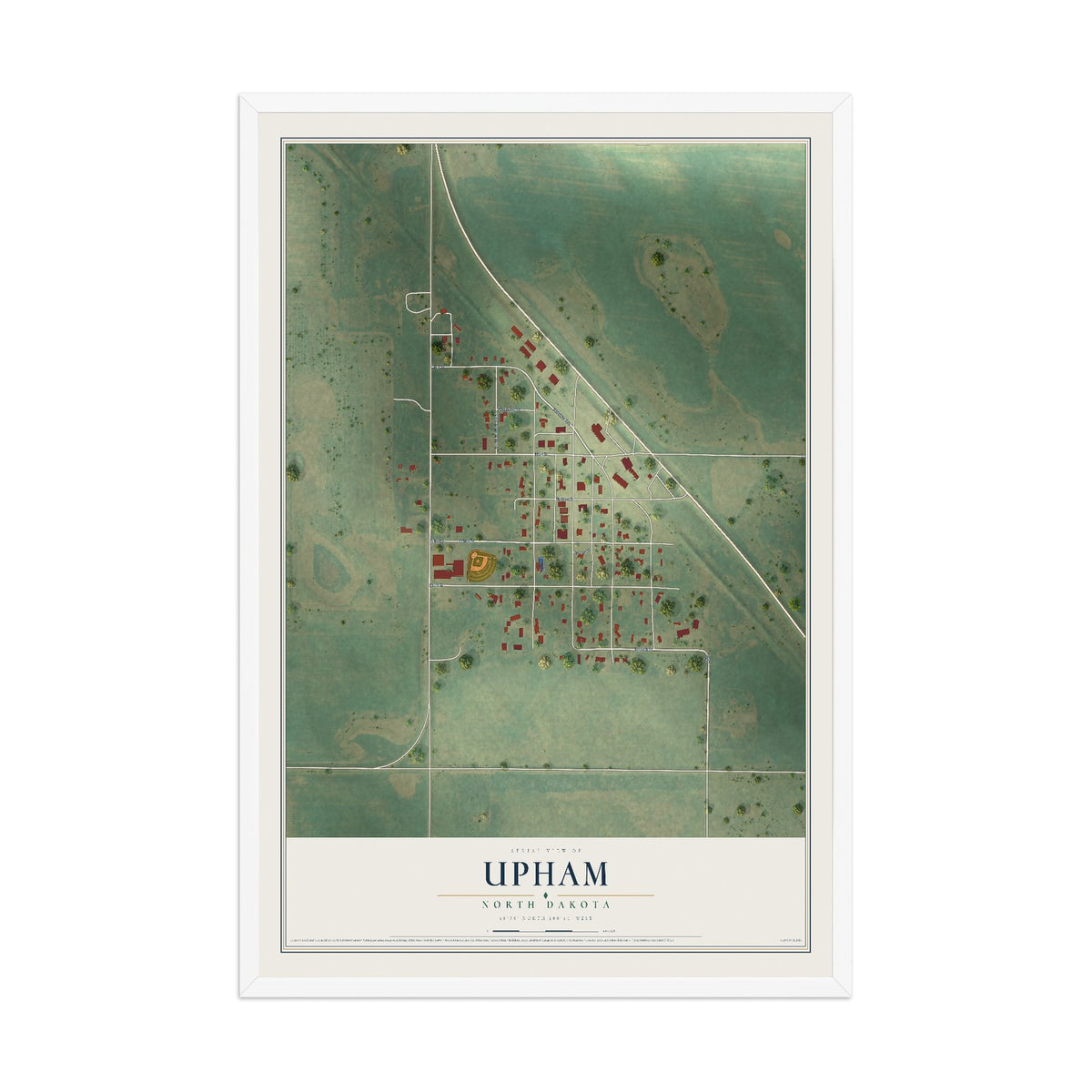 Map of Upham, North Dakota, 12 x 18 inch print in a white wood frame