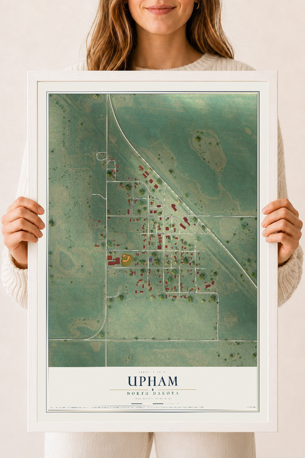 Map of Upham, North Dakota, 18 x 24 inch print in a white wood frame