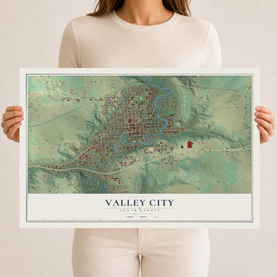 Map of Valley City, North Dakota, 12 x 18 inch unframed archival matte print