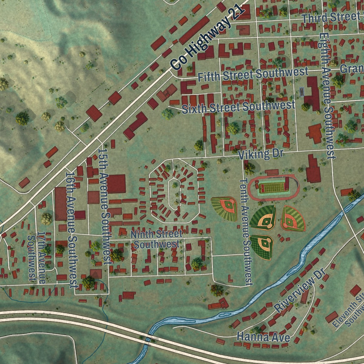 Second close-up of the map of Valley City, North Dakota print showing more streets and buildings