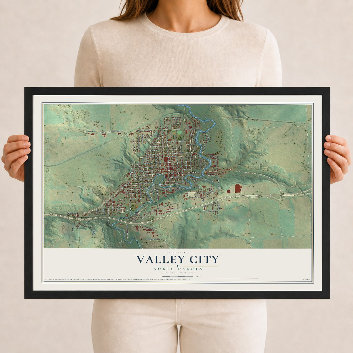 Map of Valley City, North Dakota, 12 x 18 inch print in a black wood frame