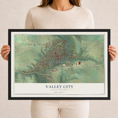 Map of Valley City, North Dakota, 12 x 18 inch print in a black wood frame