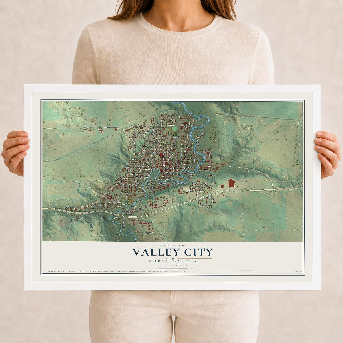 Map of Valley City, North Dakota, 12 x 18 inch print in a white wood frame