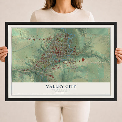 Map of Valley City, North Dakota, 18 x 24 inch print in a black wood frame