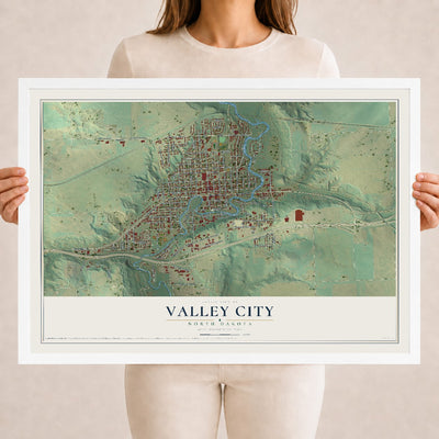 Map of Valley City, North Dakota, 18 x 24 inch print in a white wood frame