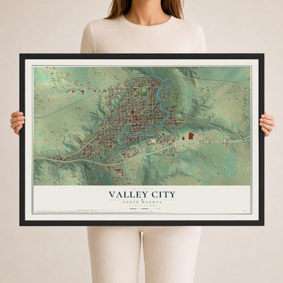 Map of Valley City, North Dakota, 24 x 36 inch print in a black wood frame