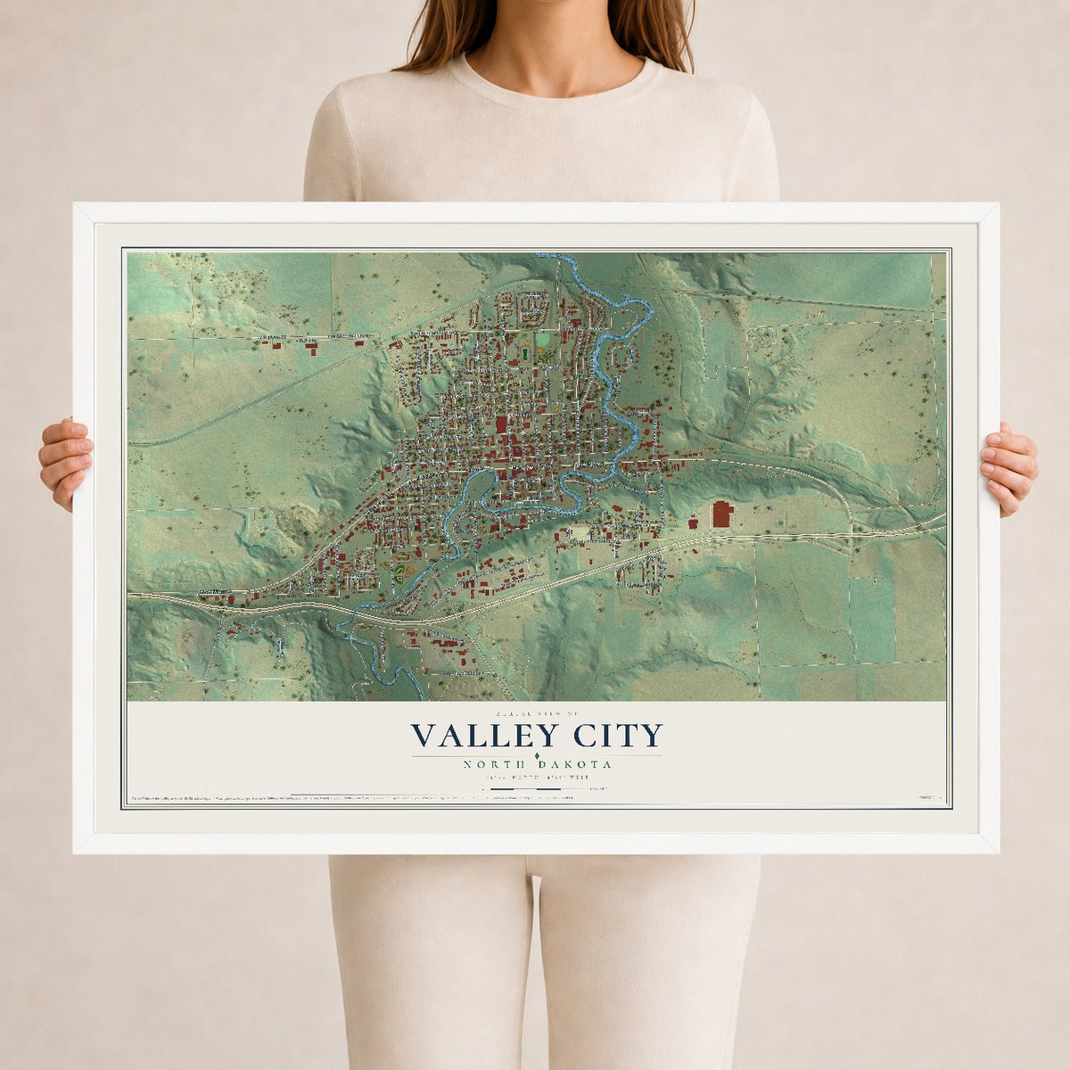Map of Valley City, North Dakota, 24 x 36 inch print in a white wood frame