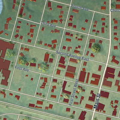 Close-up of the map of Velva, North Dakota print showing street and building detail