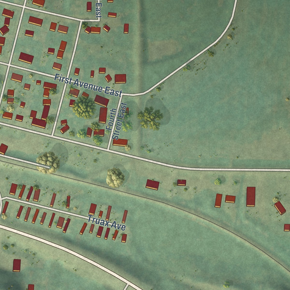 Second close-up of the map of Velva, North Dakota print showing more streets and buildings