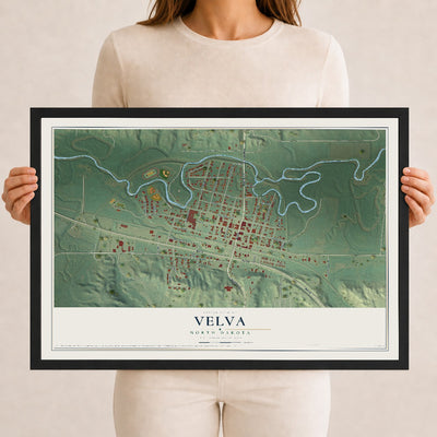 Map of Velva, North Dakota, 12 x 18 inch print in a black wood frame