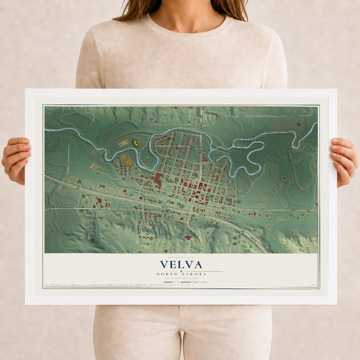 Map of Velva, North Dakota, 12 x 18 inch print in a white wood frame
