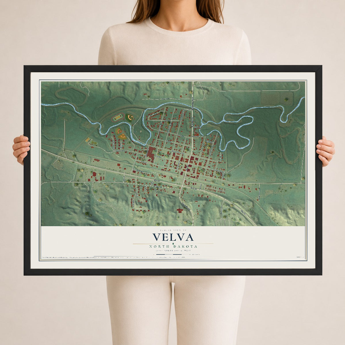 Map of Velva, North Dakota, 24 x 36 inch print in a black wood frame