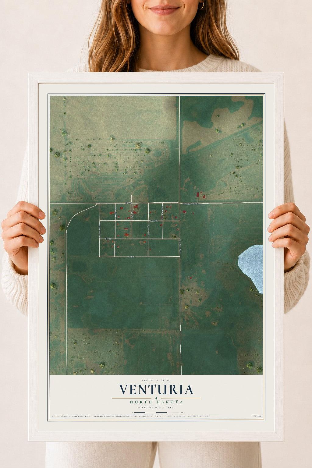 Map of Venturia, North Dakota, 18 x 24 inch print in a white wood frame