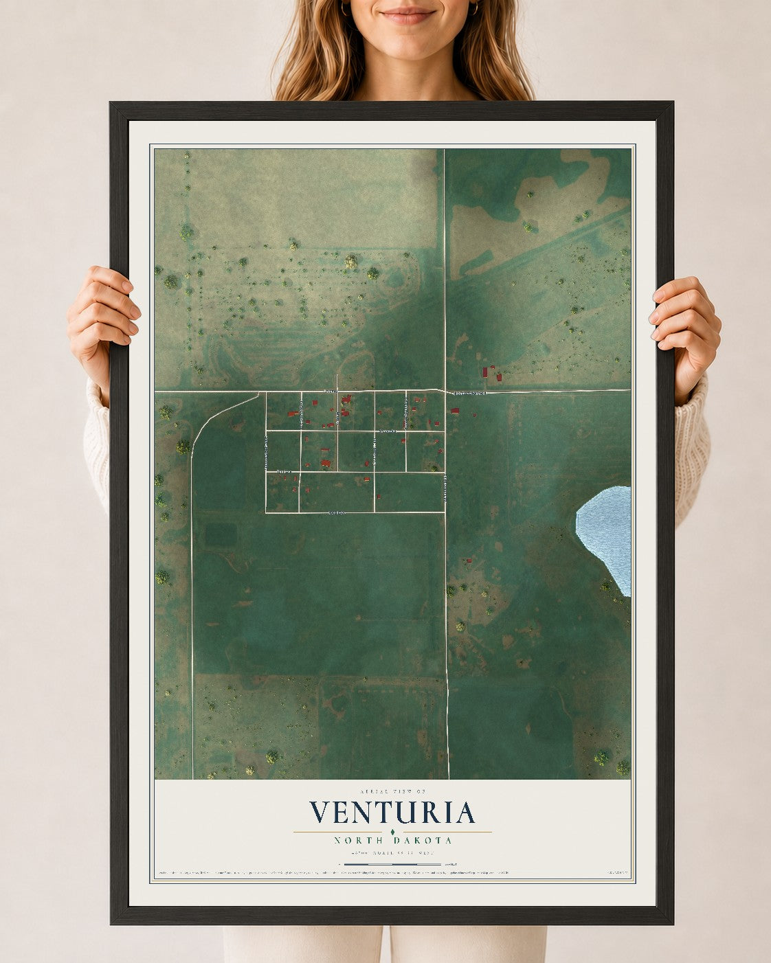 Map of Venturia, North Dakota, 24 x 36 inch print in a black wood frame
