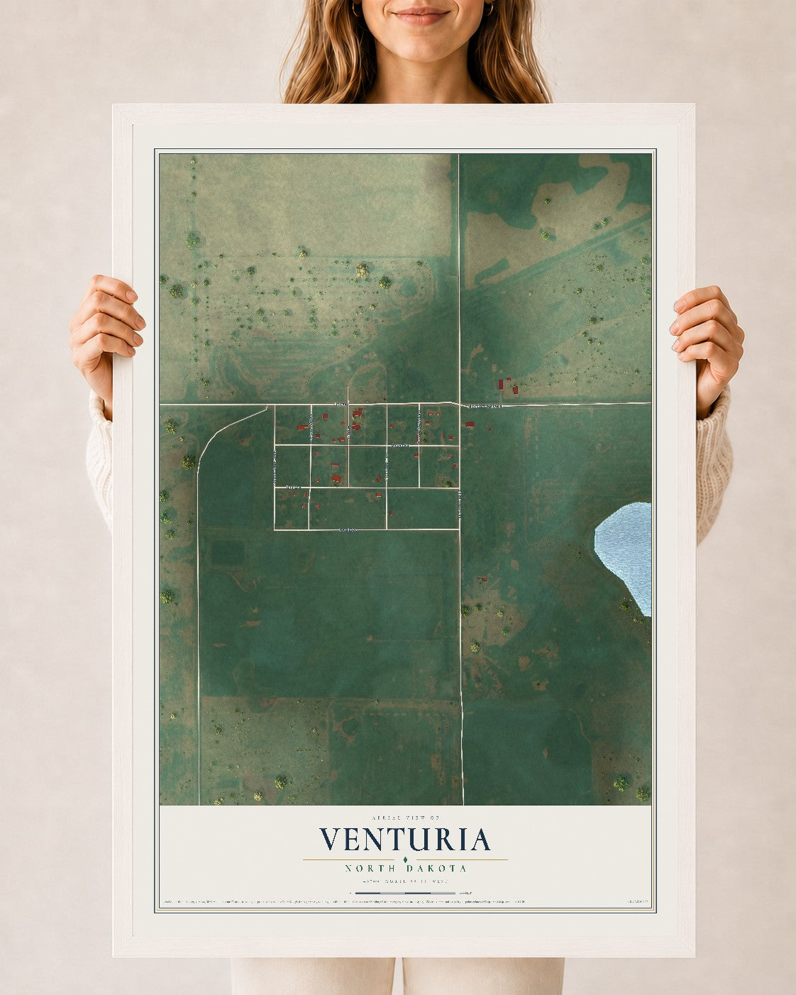 Map of Venturia, North Dakota, 24 x 36 inch print in a white wood frame
