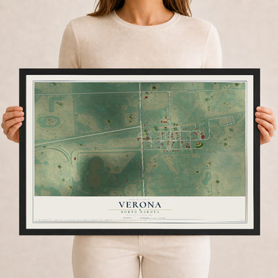 Map of Verona, North Dakota, 12 x 18 inch print in a black wood frame