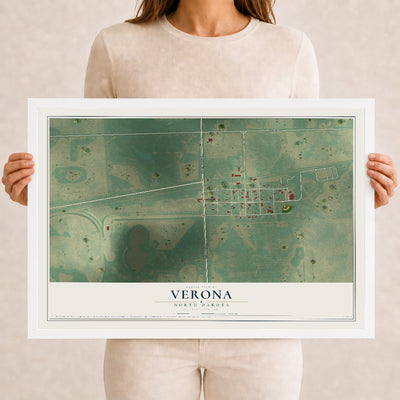 Map of Verona, North Dakota, 12 x 18 inch print in a white wood frame