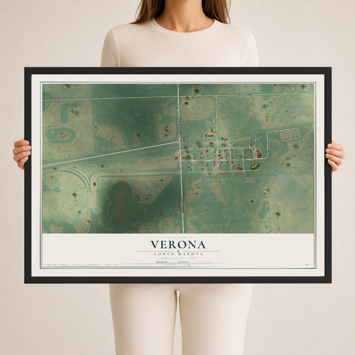 Map of Verona, North Dakota, 24 x 36 inch print in a black wood frame