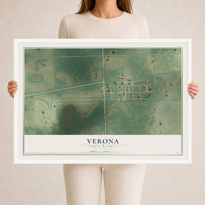 Map of Verona, North Dakota, 24 x 36 inch print in a white wood frame