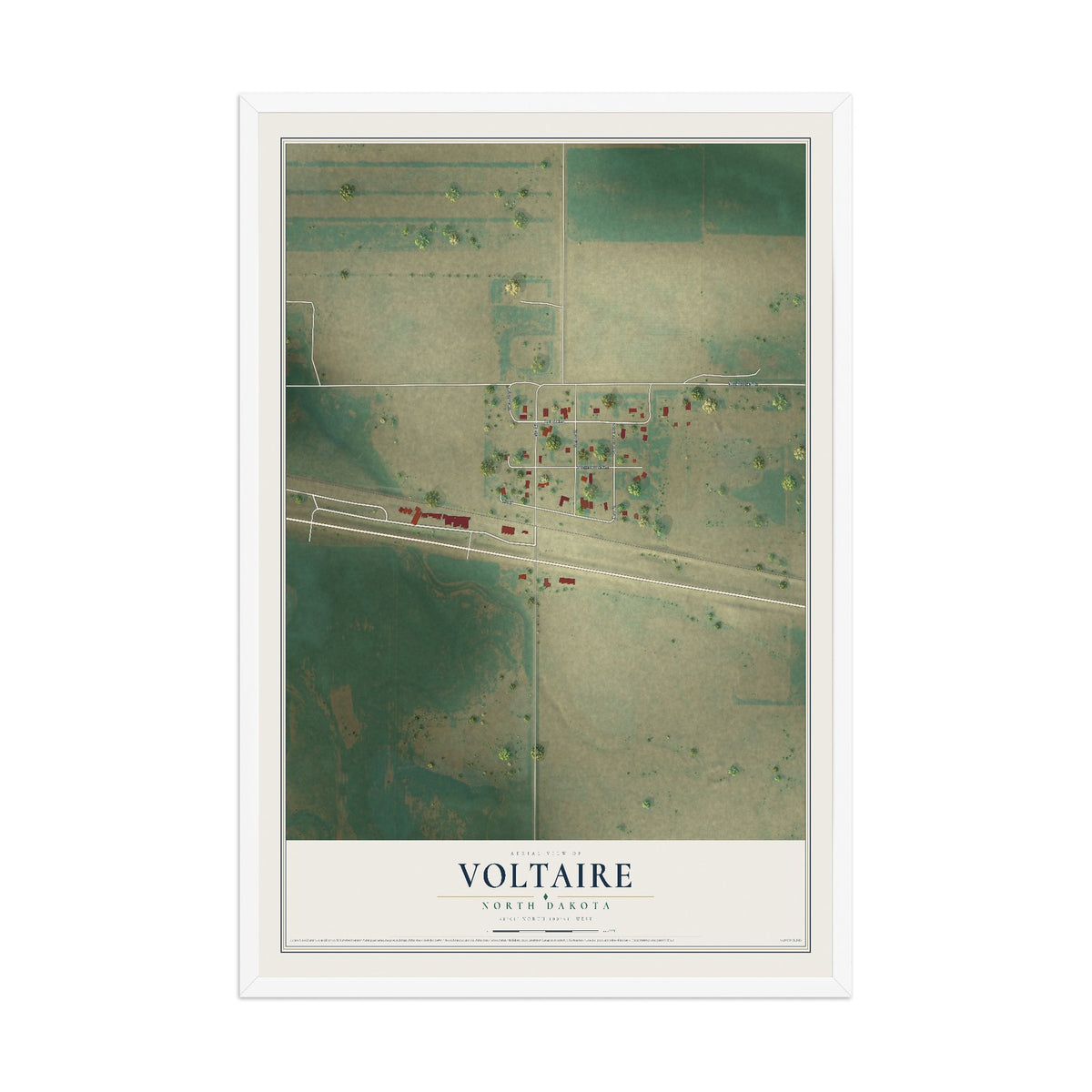 Map of Voltaire, North Dakota, 12 x 18 inch print in a white wood frame