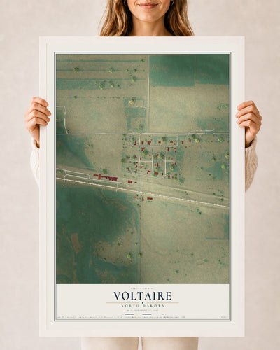 Map of Voltaire, North Dakota, 24 x 36 inch print in a white wood frame