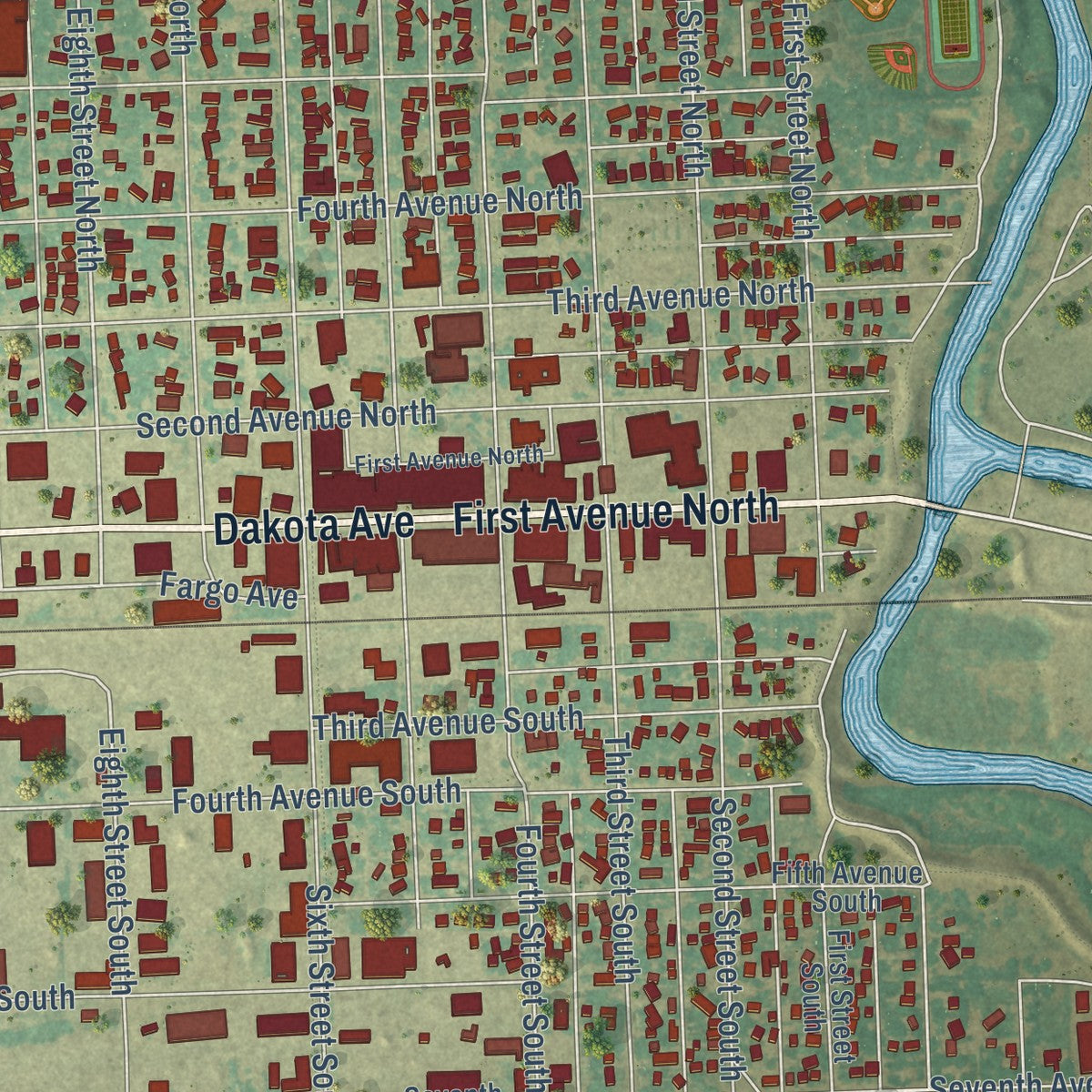 Close-up of the map of Wahpeton, North Dakota print showing street and building detail