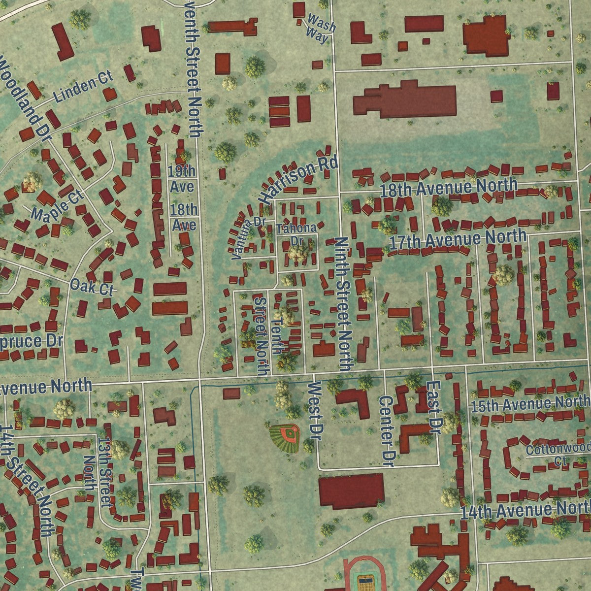 Second close-up of the map of Wahpeton, North Dakota print showing more streets and buildings