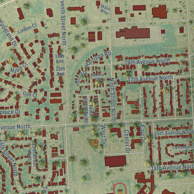 Second close-up of the map of Wahpeton, North Dakota print showing more streets and buildings