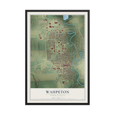Map of Wahpeton, North Dakota, 12 x 18 inch print in a black wood frame