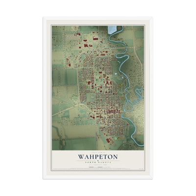 Map of Wahpeton, North Dakota, 12 x 18 inch print in a white wood frame