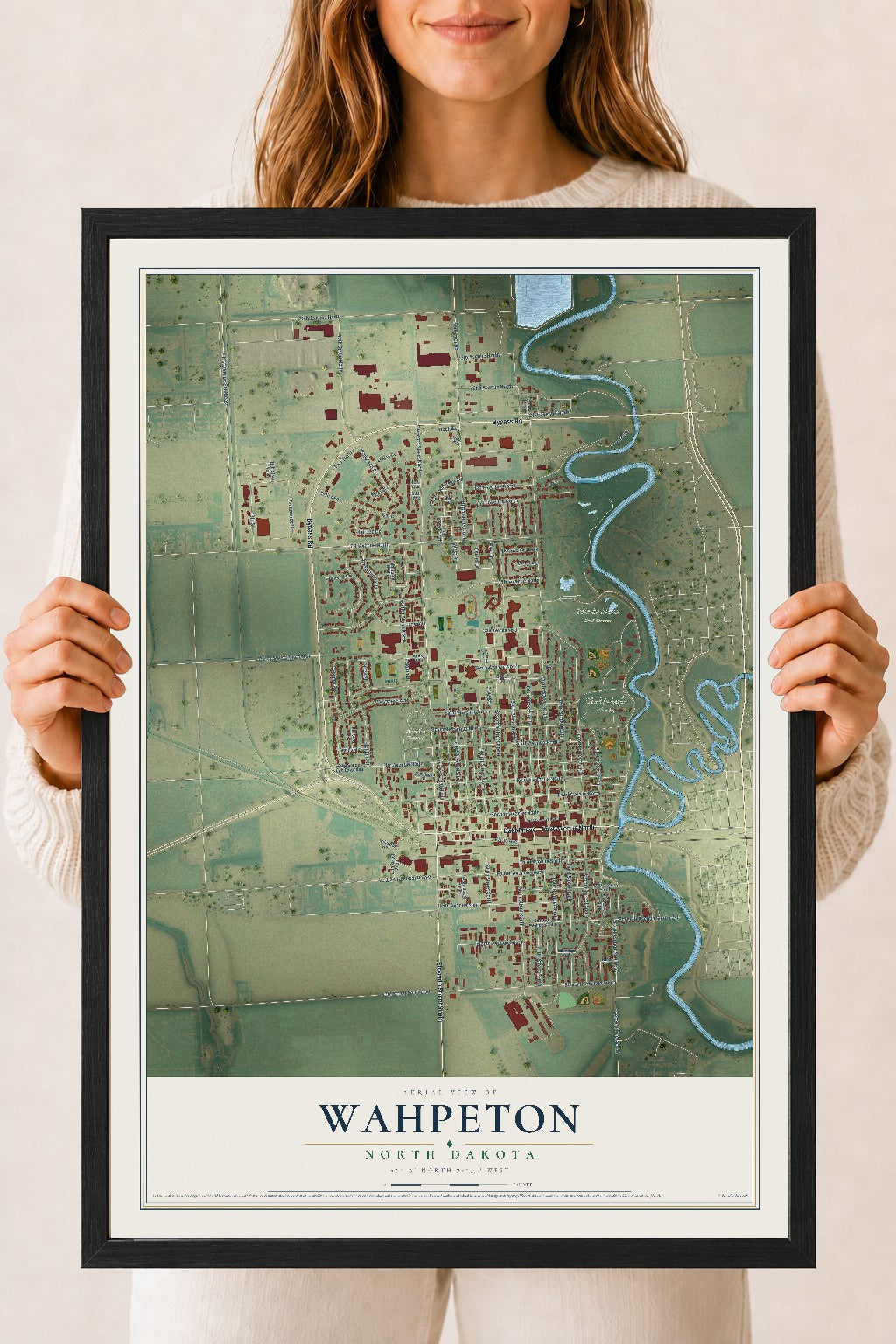 Map of Wahpeton, North Dakota, 18 x 24 inch print in a black wood frame