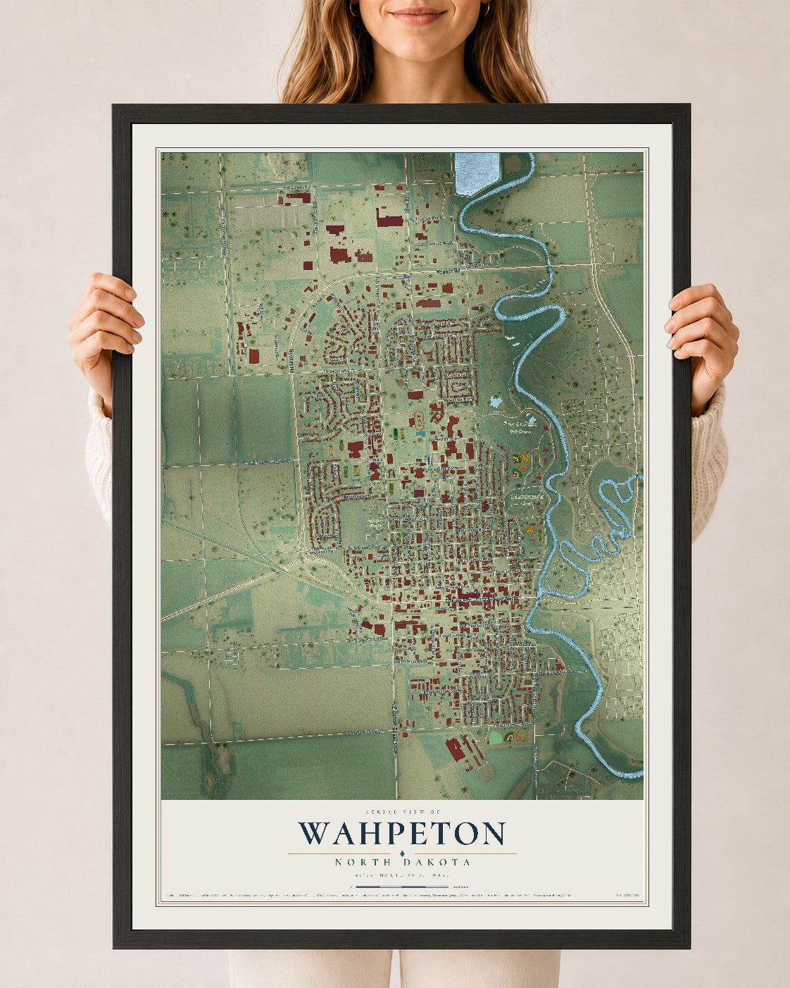 Map of Wahpeton, North Dakota, 24 x 36 inch print in a black wood frame