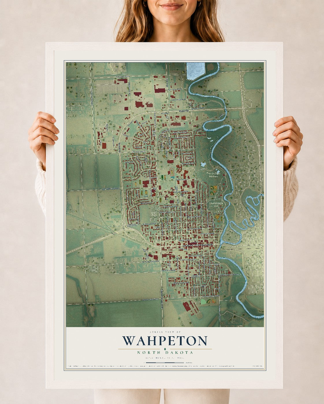 Map of Wahpeton, North Dakota, 24 x 36 inch print in a white wood frame