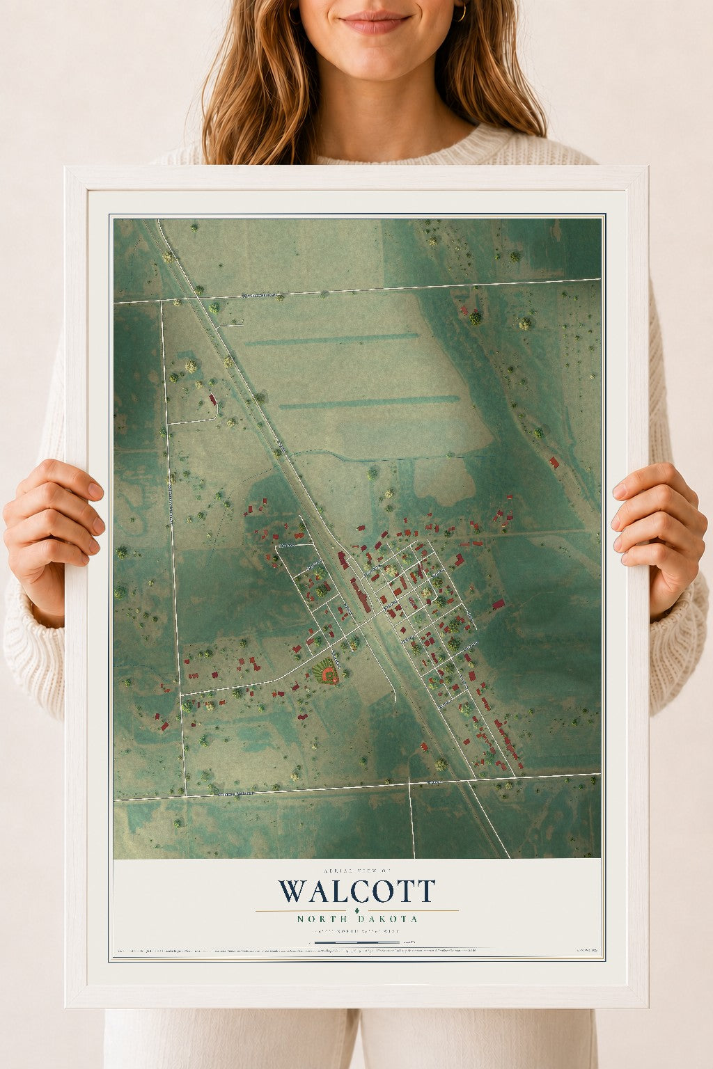 Map of Walcott, North Dakota, 18 x 24 inch print in a white wood frame