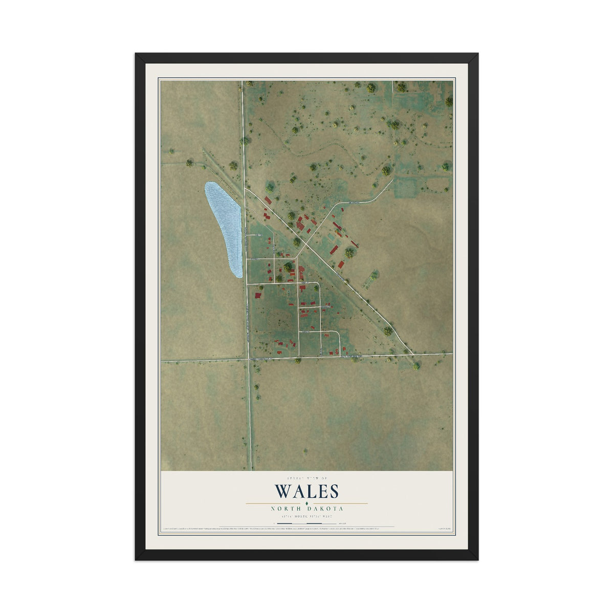 Map of Wales, North Dakota, 12 x 18 inch print in a black wood frame