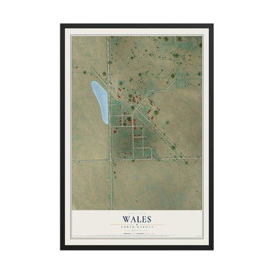 Map of Wales, North Dakota, 12 x 18 inch print in a black wood frame