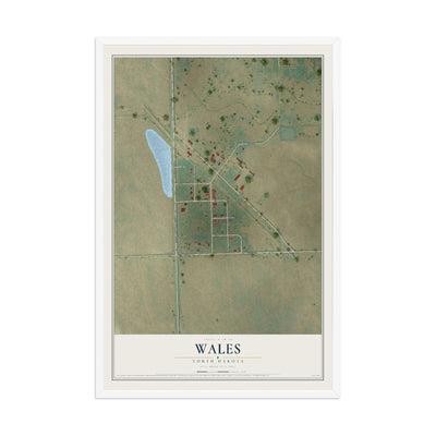 Map of Wales, North Dakota, 12 x 18 inch print in a white wood frame