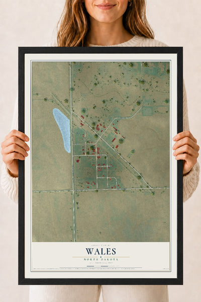 Map of Wales, North Dakota, 18 x 24 inch print in a black wood frame